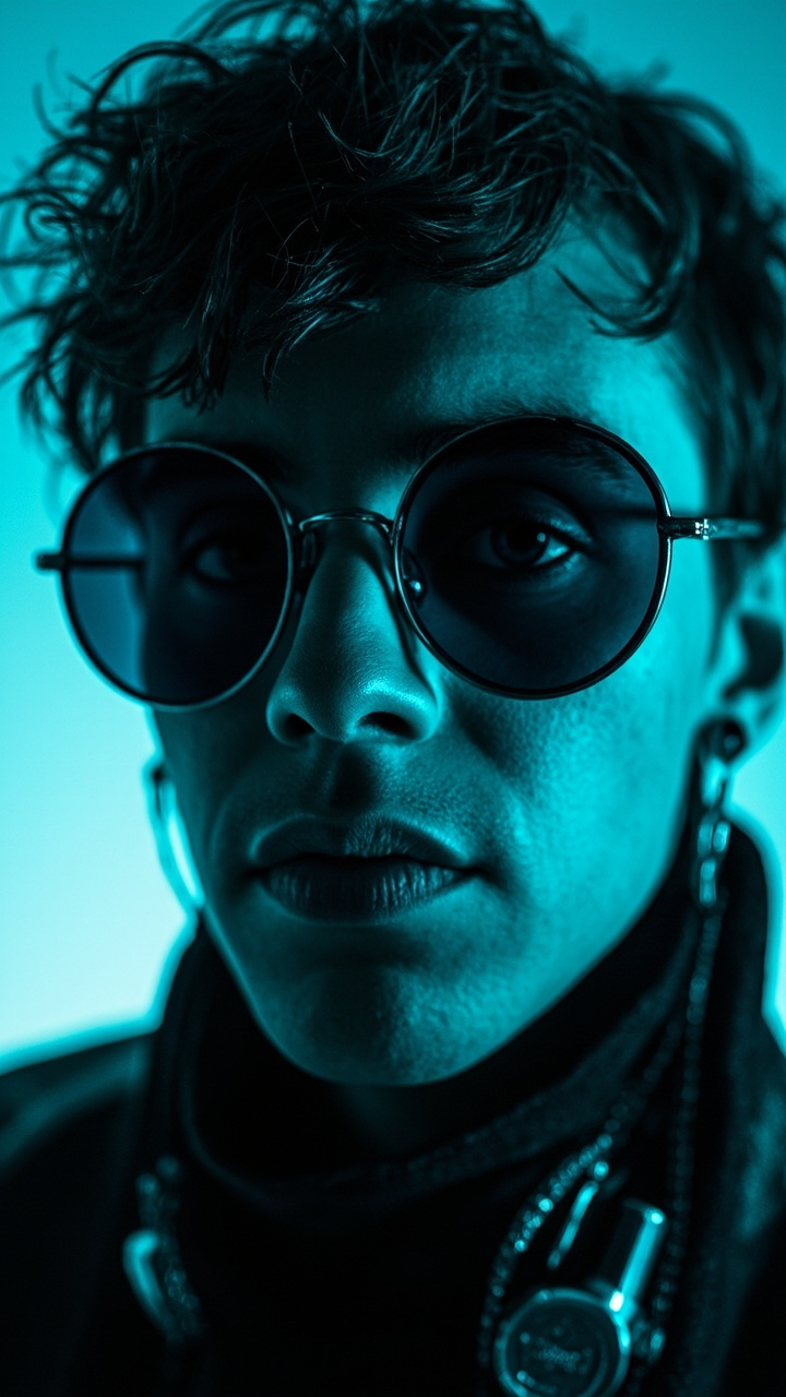 Retrato editorial de DJ con luz cyan